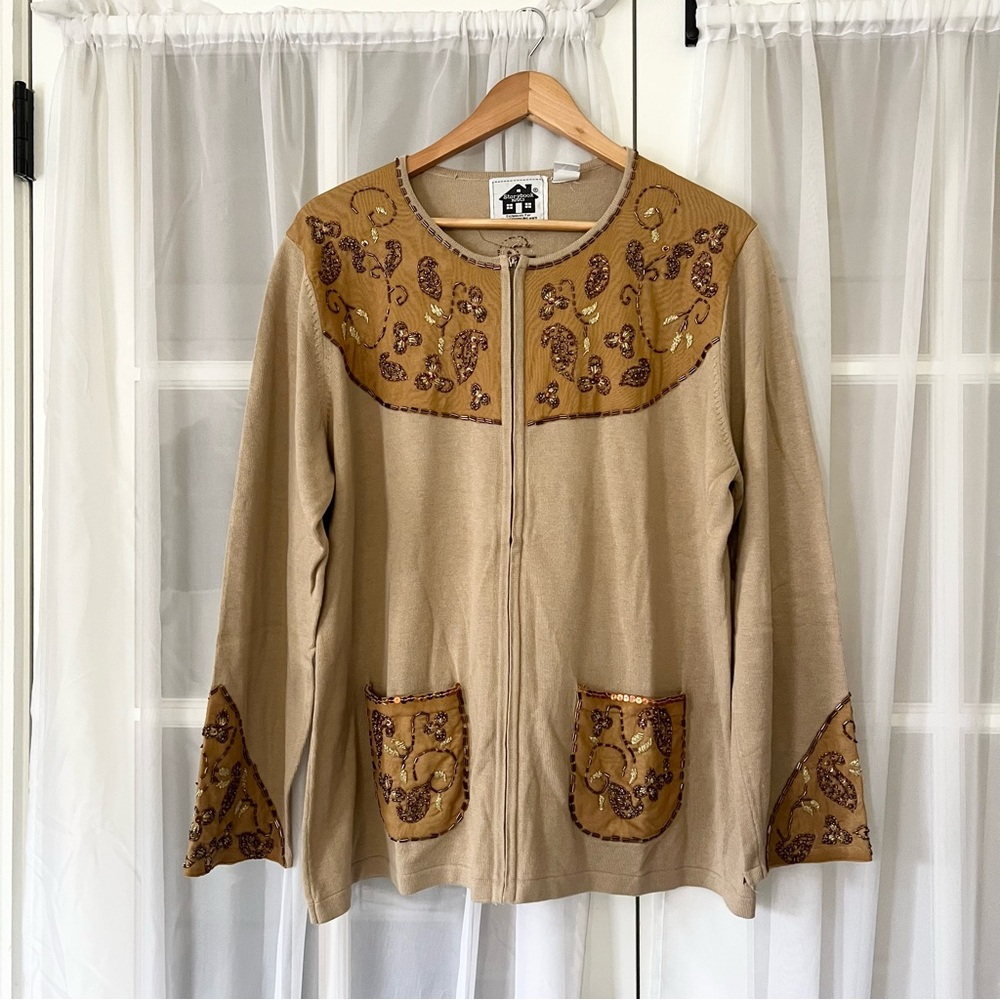 Vintage Storybook Knits Floral Leaf Neutral Beaded Sequin Zipper Front Cardigan